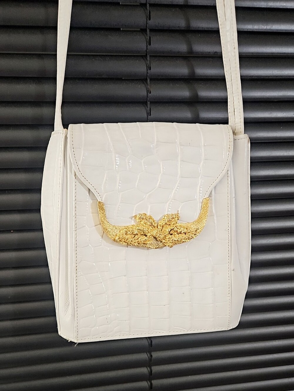 Vintage White Croc Embossed Leather Shoulder/ Crossbody Bag  Gold Flower Plaque